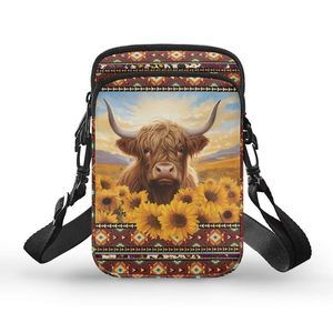 Boho Sunflower Cow Cell Phone Purse Wallet Canvas Small Crossbody Purse Bags c: